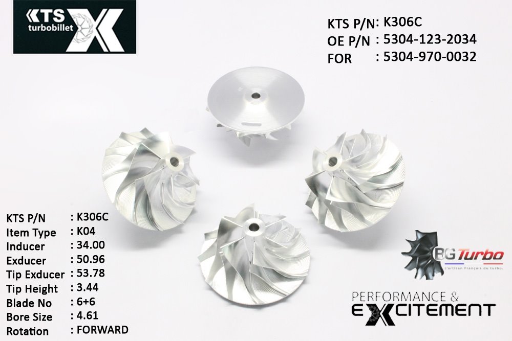 Turbo ROUE FORGÉE MFS PERFORMANCE - 6+6 PALES - INDUCER : 34 - EXDUCER : 50,96 - TYPE : K04ANGLE : 70° - ROTATION : Forward - SUPER BACK : 1,8 - BORE SIZE : 4,61

